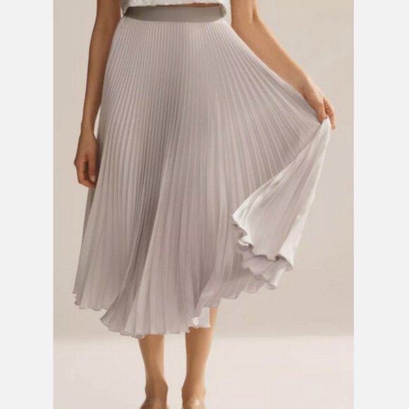 NWT Anthropologie 12P Satin Pleated Midi Skirt Silver New 12 Petite